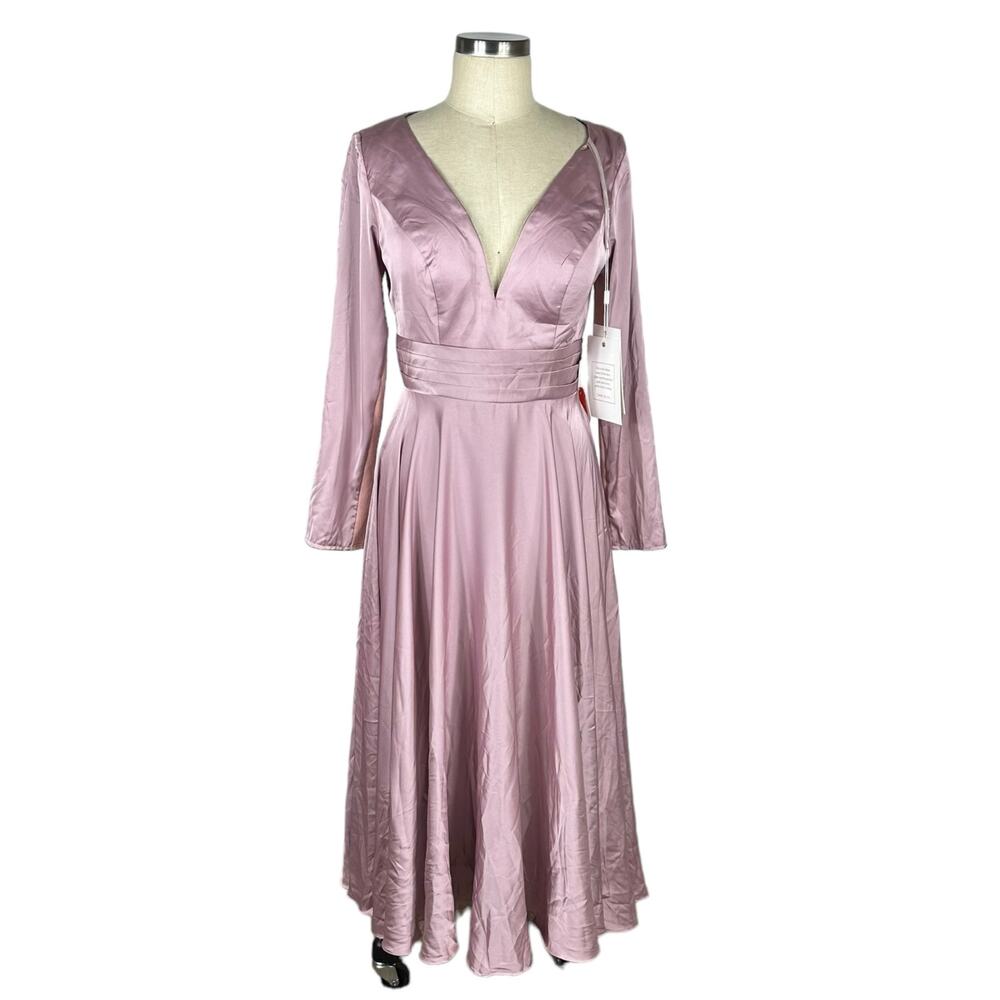 Mac Duggal Mauve Satin V-Neck Long Sleeve Midi Dress